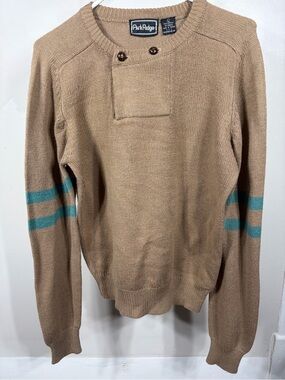 VTG Park Ridge Henley Sweater Tan Teal Striped Grandpa Knit Mens L‎ Retro